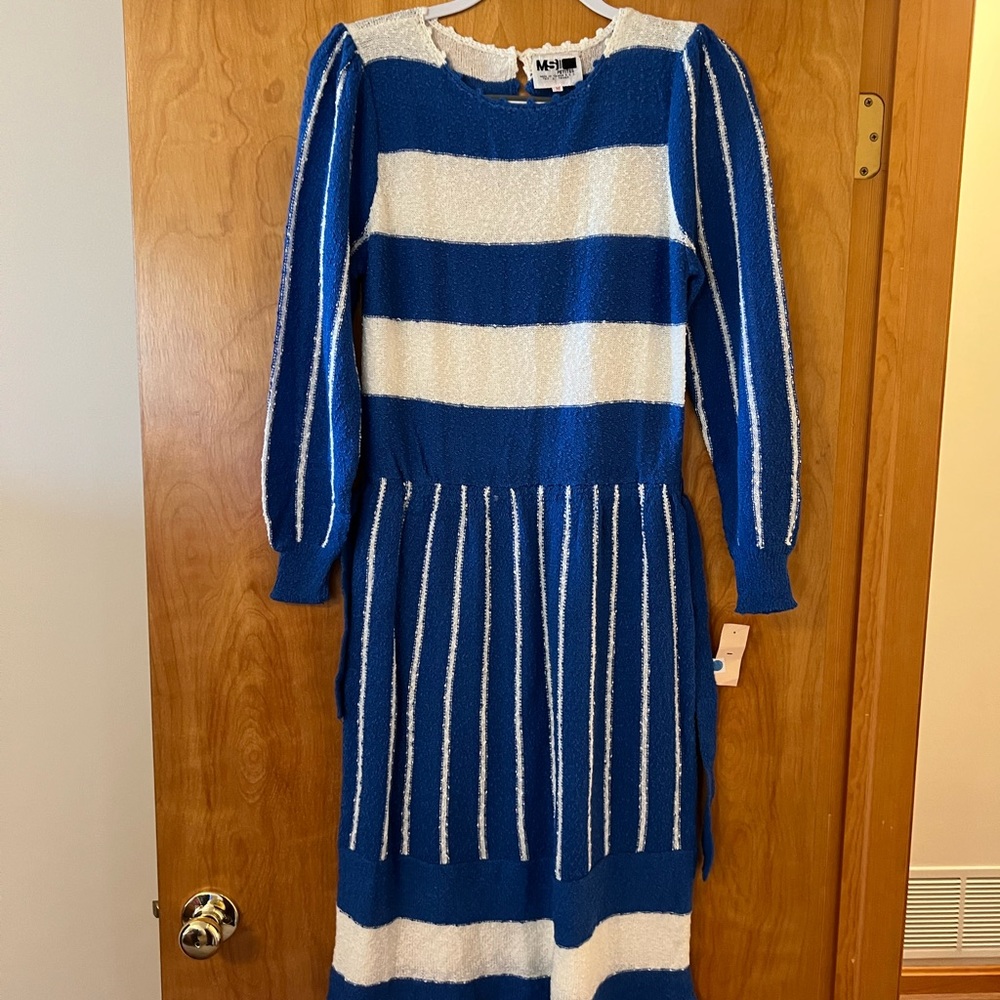 MS II Petites Womens Blue Color Block Nubby Knit 70s Vintage Dress Petite Medium